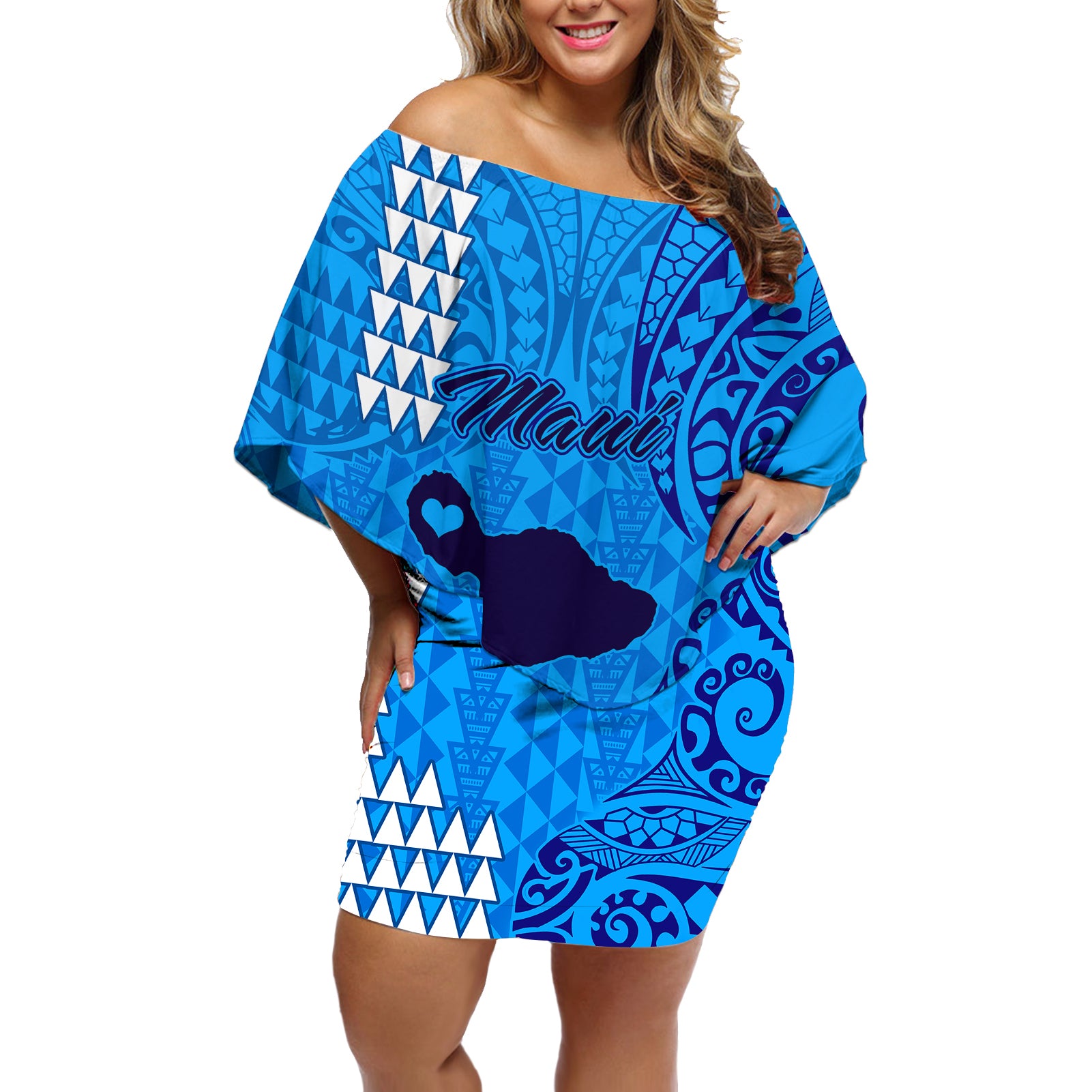 Maui Island Off Shoulder Short Dress Kakau Tribal Mixed Polynesian Pattern Blue LT9 Women Blue - Polynesian Pride