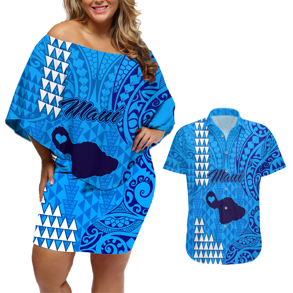 Personalised Maui Island Couples Matching Off Shoulder Short Dress and Hawaiian Shirt Kakau Tribal Mixed Polynesian Pattern Blue LT9 Blue - Polynesian Pride