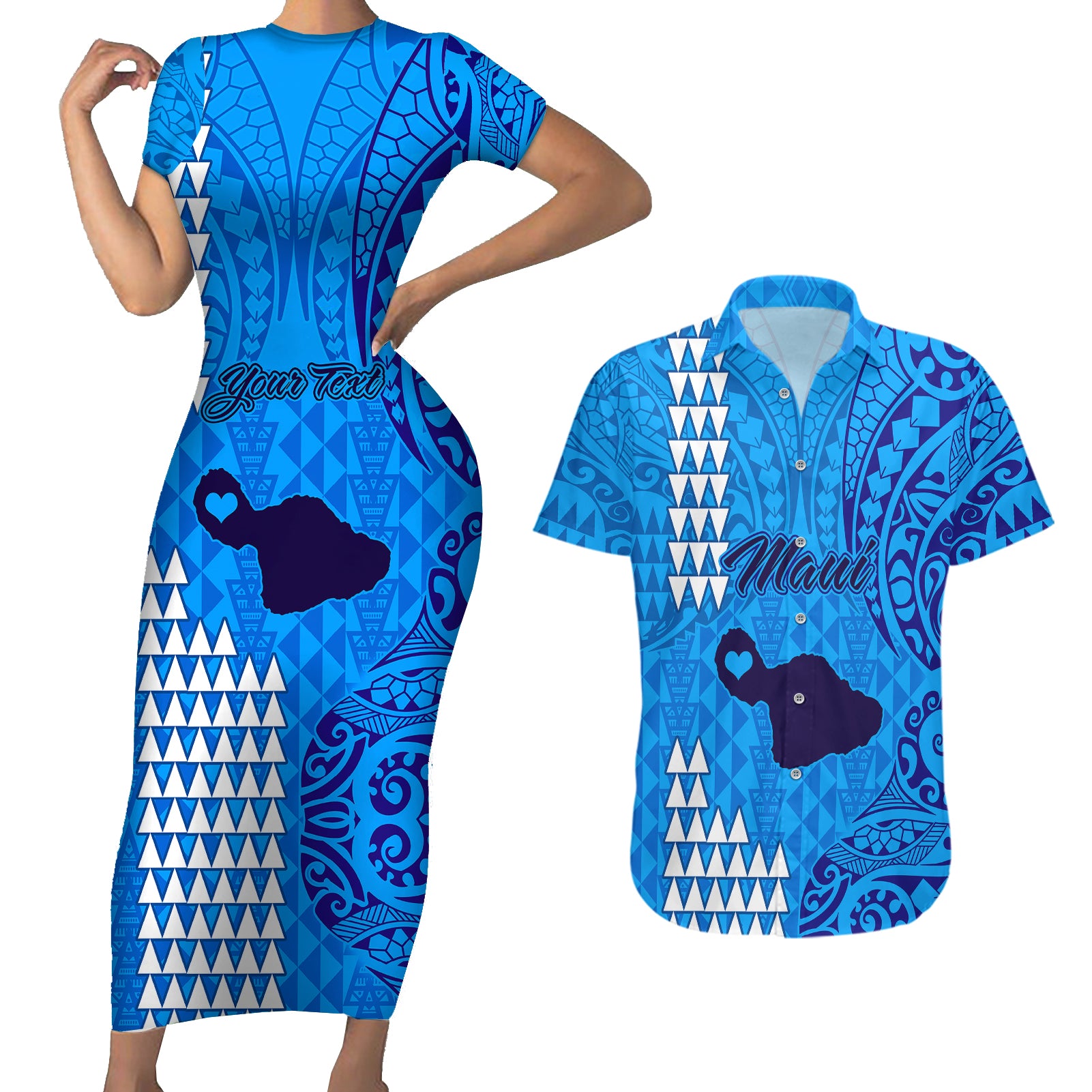 Personalised Maui Island Couples Matching Short Sleeve Bodycon Dress and Hawaiian Shirt Kakau Tribal Mixed Polynesian Pattern Blue LT9 Blue - Polynesian Pride