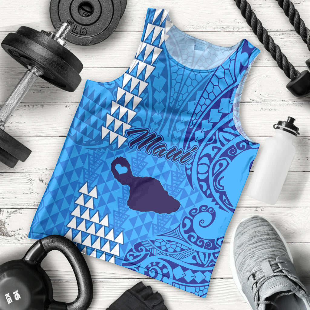 Personalised Maui Island Men Tank Top Kakau Tribal Mixed Polynesian Pattern Blue LT9 Blue - Polynesian Pride