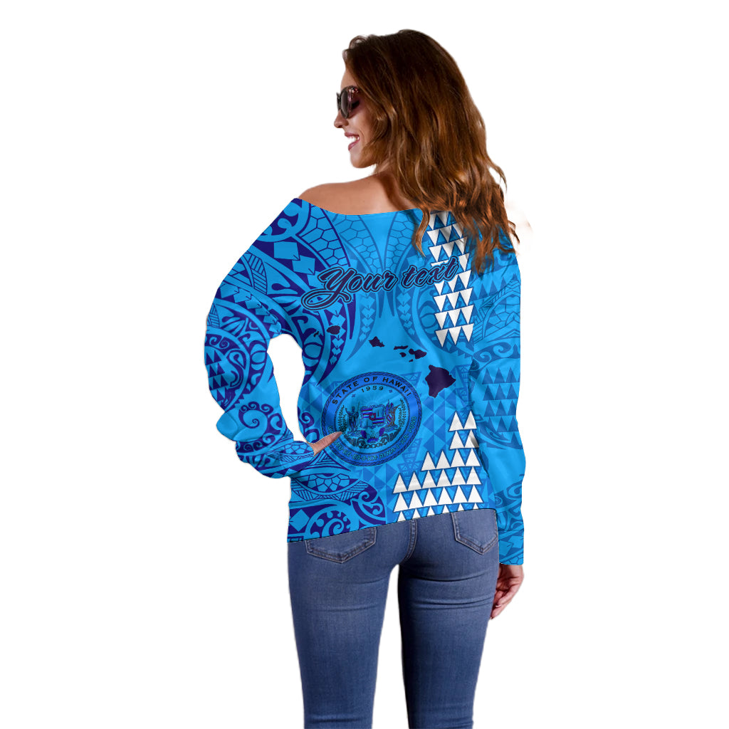 Personalised Maui Island Off Shoulder Sweater Kakau Tribal Mixed Polynesian Pattern Blue LT9 - Polynesian Pride