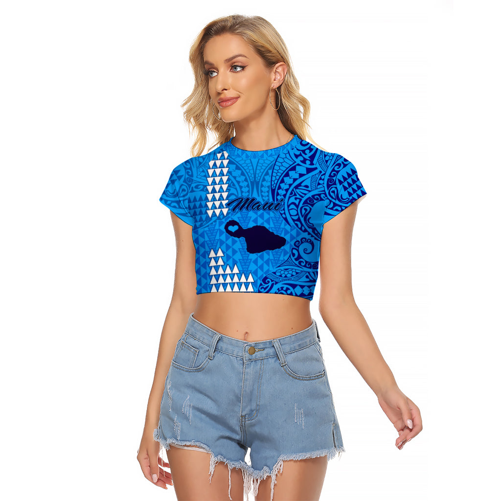 Personalised Maui Island Raglan Cropped T Shirt Kakau Tribal Mixed Polynesian Pattern Blue LT9 Female Blue - Polynesian Pride