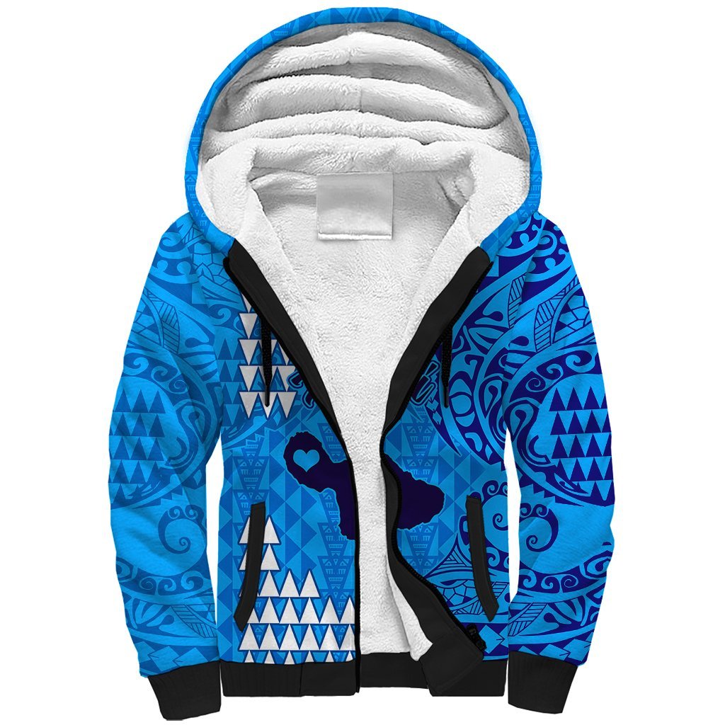 Personalised Maui Island Sherpa Hoodie Kakau Tribal Mixed Polynesian Pattern Blue LT9 Unisex Blue - Polynesian Pride