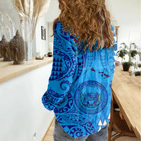 Personalised Maui Island Women Casual Shirt Kakau Tribal Mixed Polynesian Pattern Blue LT9 - Polynesian Pride