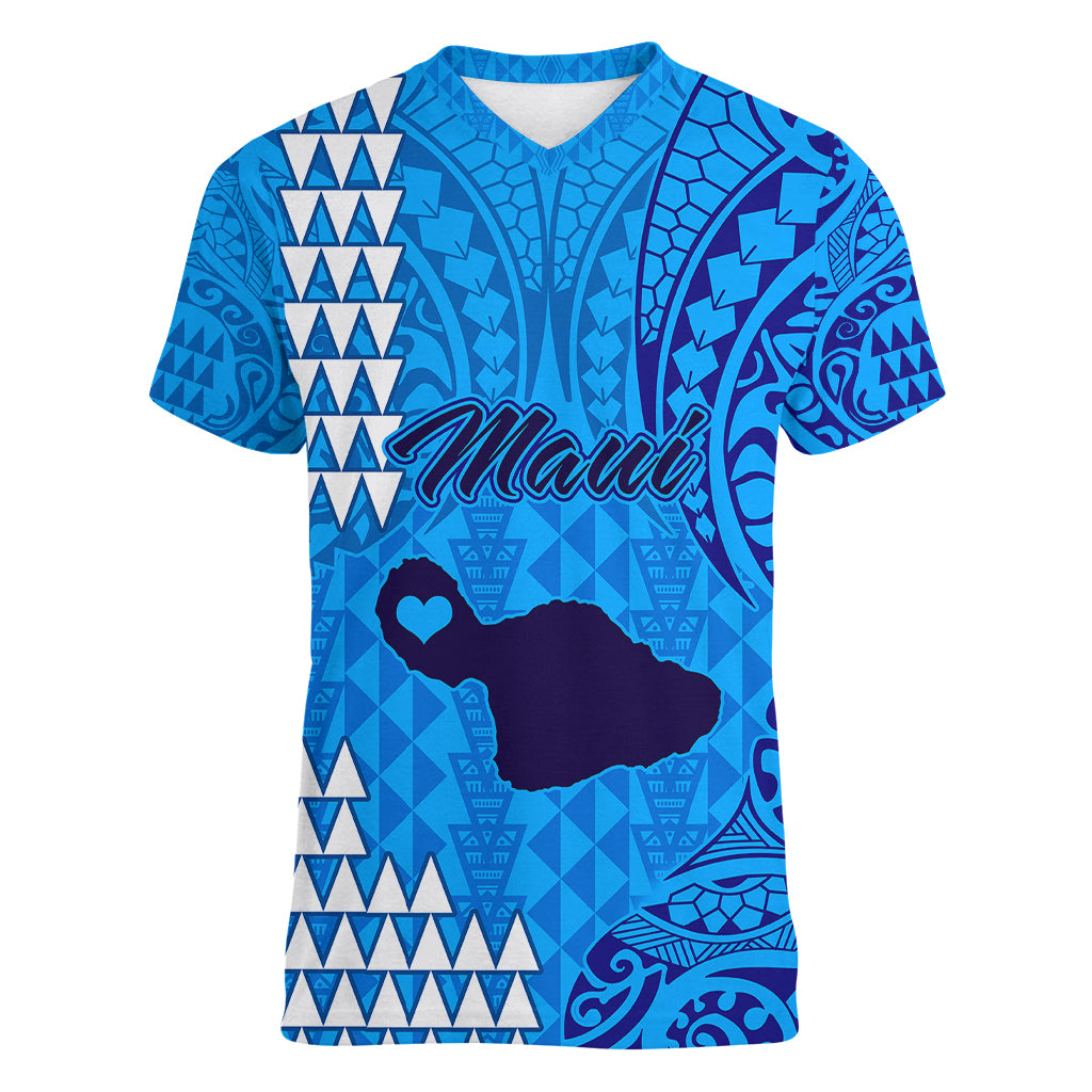 Personalised Maui Island Women V Neck T Shirt Kakau Tribal Mixed Polynesian Pattern Blue LT9 Female Blue - Polynesian Pride