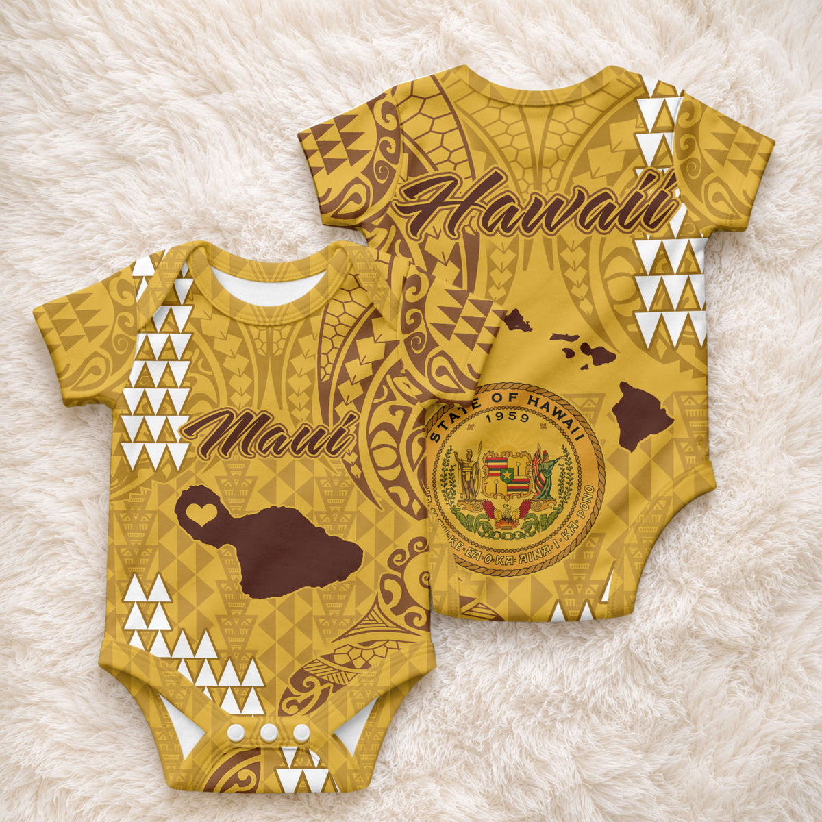 Maui Island Baby Onesie Kakau Tribal Mixed Polynesian Pattern Gold LT9 - Polynesian Pride