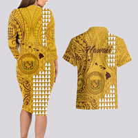 Maui Island Couples Matching Long Sleeve Bodycon Dress and Hawaiian Shirt Kakau Tribal Mixed Polynesian Pattern Gold LT9 - Polynesian Pride