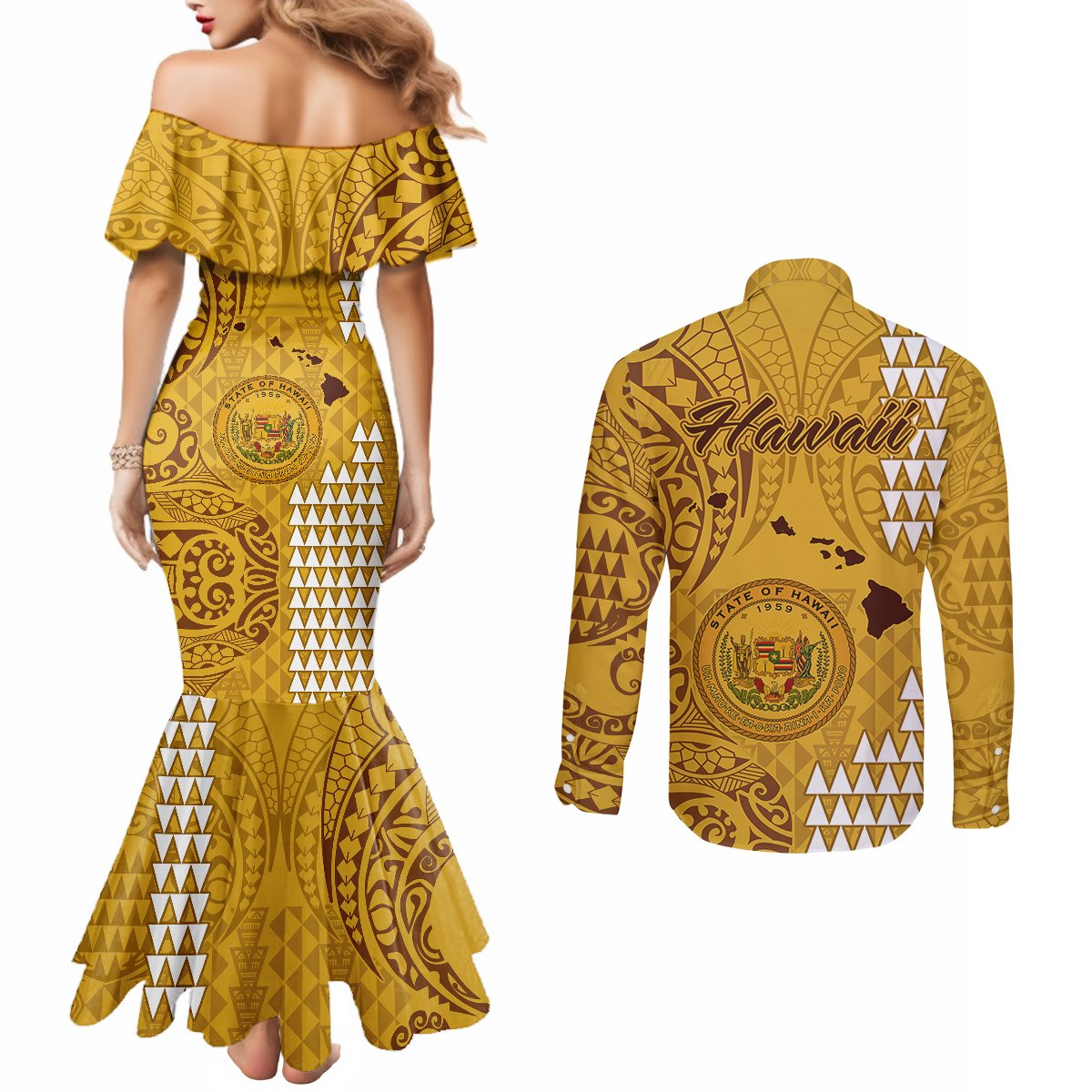 Maui Island Couples Matching Mermaid Dress and Long Sleeve Button Shirts Kakau Tribal Mixed Polynesian Pattern Gold LT9 - Polynesian Pride