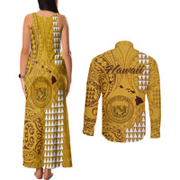 Maui Island Couples Matching Tank Maxi Dress and Long Sleeve Button Shirts Kakau Tribal Mixed Polynesian Pattern Gold LT9 - Polynesian Pride