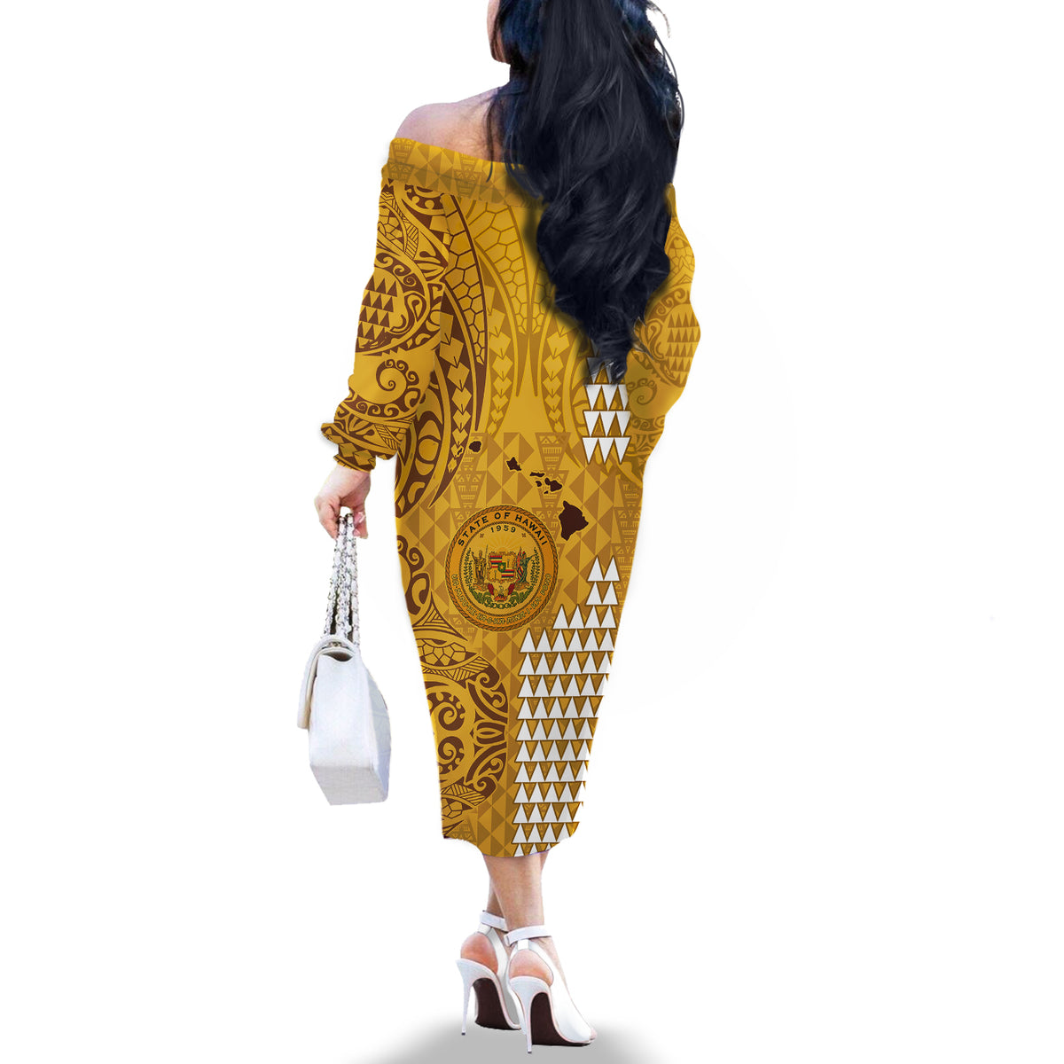 Maui Island Off The Shoulder Long Sleeve Dress Kakau Tribal Mixed Polynesian Pattern Gold LT9 - Polynesian Pride