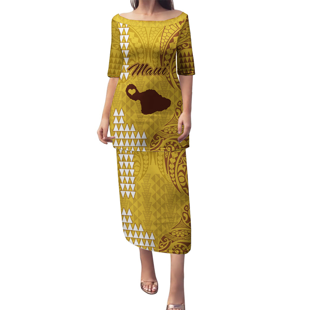 Maui Island Puletasi Kakau Tribal Mixed Polynesian Pattern Gold LT9 Long Dress Gold - Polynesian Pride