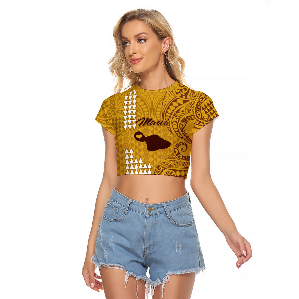 Maui Island Raglan Cropped T Shirt Kakau Tribal Mixed Polynesian Pattern Gold LT9 Female Gold - Polynesian Pride