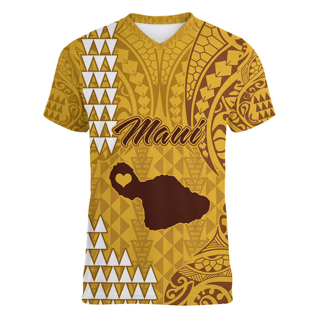 Maui Island Women V Neck T Shirt Kakau Tribal Mixed Polynesian Pattern Gold LT9 Female Gold - Polynesian Pride