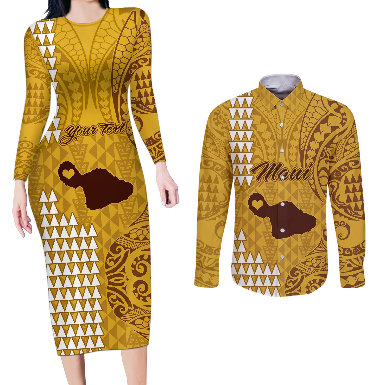 Personalised Maui Island Couples Matching Long Sleeve Bodycon Dress and Long Sleeve Button Shirts Kakau Tribal Mixed Polynesian Pattern Gold LT9 Gold - Polynesian Pride