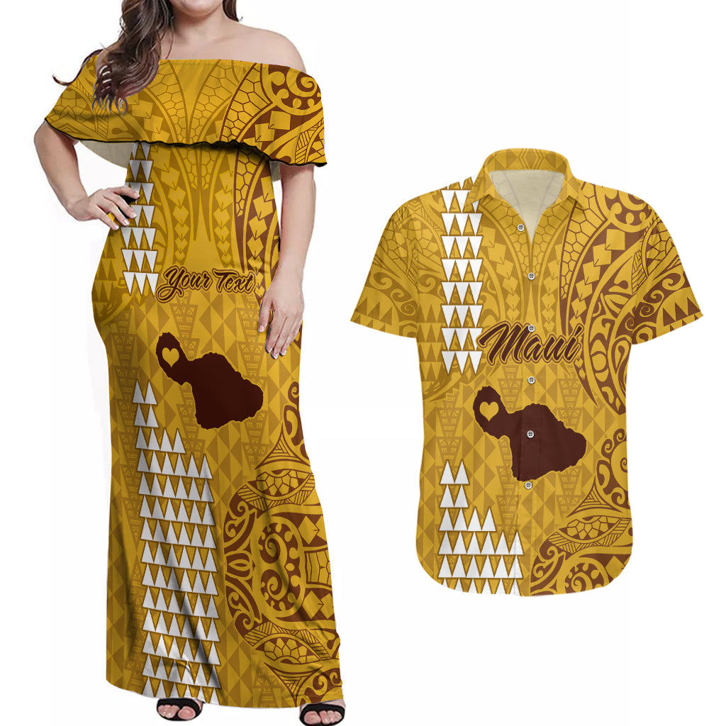 Personalised Maui Island Couples Matching Off Shoulder Maxi Dress and Hawaiian Shirt Kakau Tribal Mixed Polynesian Pattern Gold LT9 Gold - Polynesian Pride