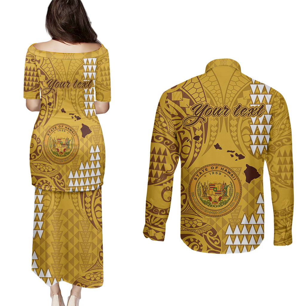 Personalised Maui Island Couples Matching Puletasi Dress and Long Sleeve Button Shirts Kakau Tribal Mixed Polynesian Pattern Gold LT9 - Polynesian Pride