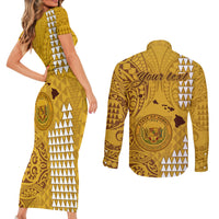 Personalised Maui Island Couples Matching Short Sleeve Bodycon Dress and Long Sleeve Button Shirts Kakau Tribal Mixed Polynesian Pattern Gold LT9 - Polynesian Pride