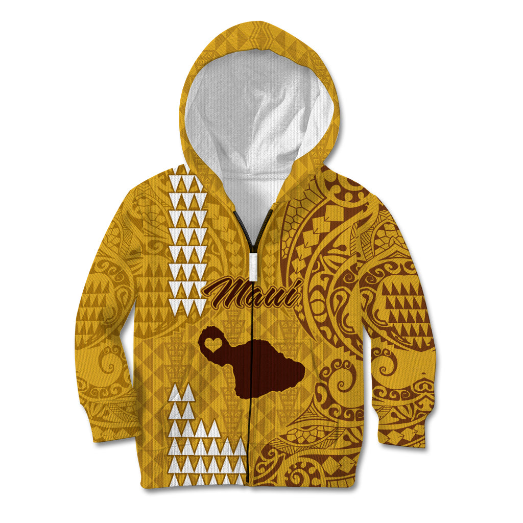 Personalised Maui Island Kid Hoodie Kakau Tribal Mixed Polynesian Pattern Gold LT9 Zip Hoodie Gold - Polynesian Pride
