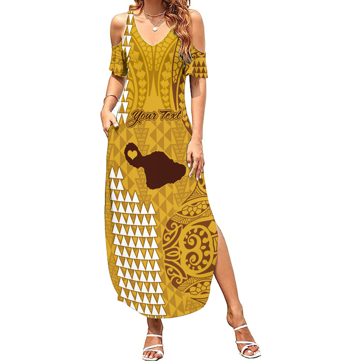 Personalised Maui Island Summer Maxi Dress Kakau Tribal Mixed Polynesian Pattern Gold LT9 Women Gold - Polynesian Pride