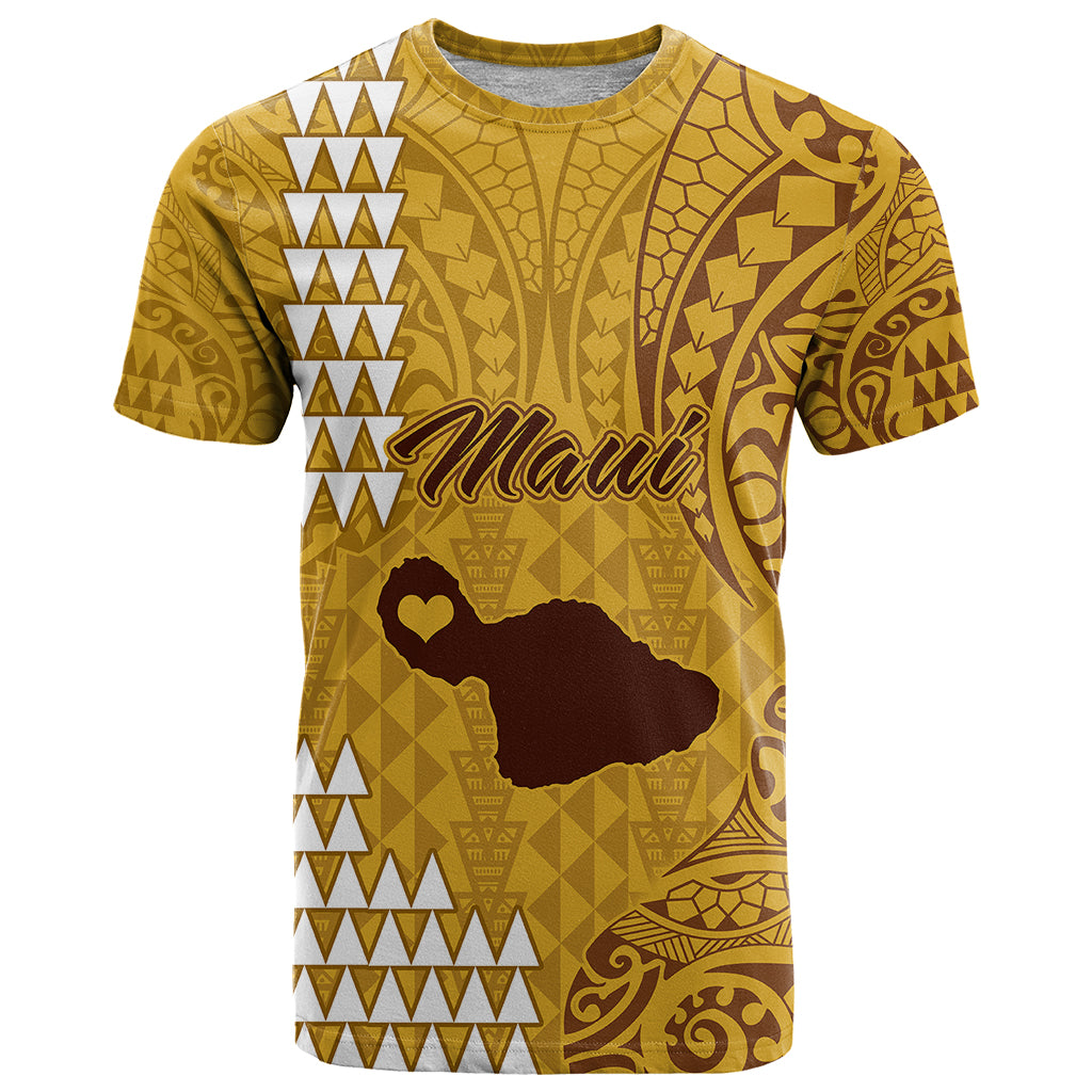 Personalised Maui Island T Shirt Kakau Tribal Mixed Polynesian Pattern Gold LT9 Gold - Polynesian Pride