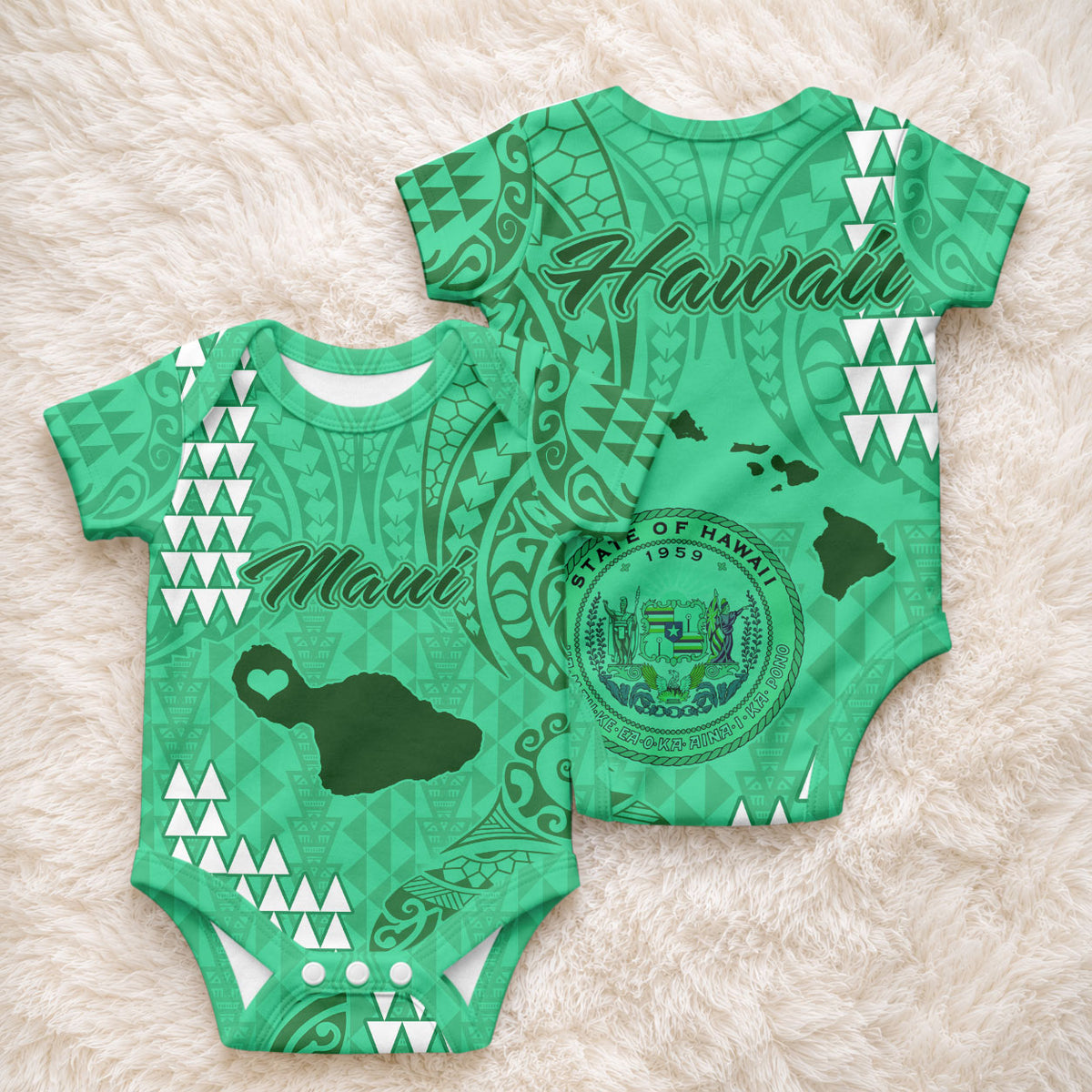 Maui Island Baby Onesie Kakau Tribal Mixed Polynesian Pattern Green LT9 - Polynesian Pride