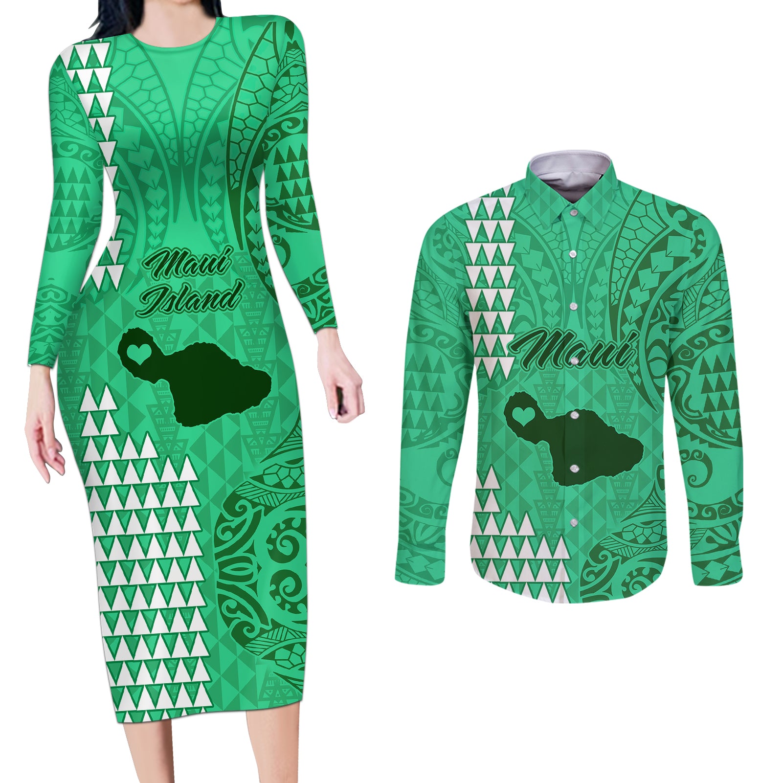 Maui Island Couples Matching Long Sleeve Bodycon Dress and Long Sleeve Button Shirts Kakau Tribal Mixed Polynesian Pattern Green LT9 Green - Polynesian Pride