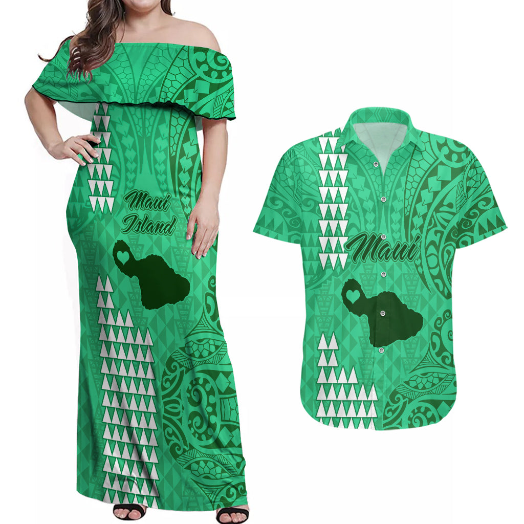 Maui Island Couples Matching Off Shoulder Maxi Dress and Hawaiian Shirt Kakau Tribal Mixed Polynesian Pattern Green LT9 Green - Polynesian Pride