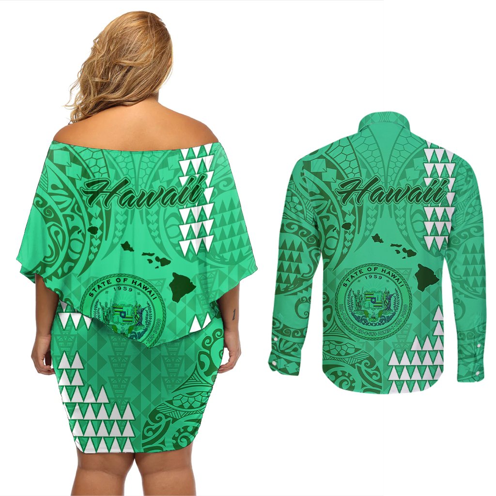 Maui Island Couples Matching Off Shoulder Short Dress and Long Sleeve Button Shirts Kakau Tribal Mixed Polynesian Pattern Green LT9 - Polynesian Pride