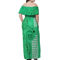 Maui Island Off Shoulder Maxi Dress Kakau Tribal Mixed Polynesian Pattern Green LT9 - Polynesian Pride