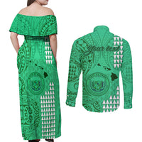 Personalised Maui Island Couples Matching Off Shoulder Maxi Dress and Long Sleeve Button Shirts Kakau Tribal Mixed Polynesian Pattern Green LT9 - Polynesian Pride