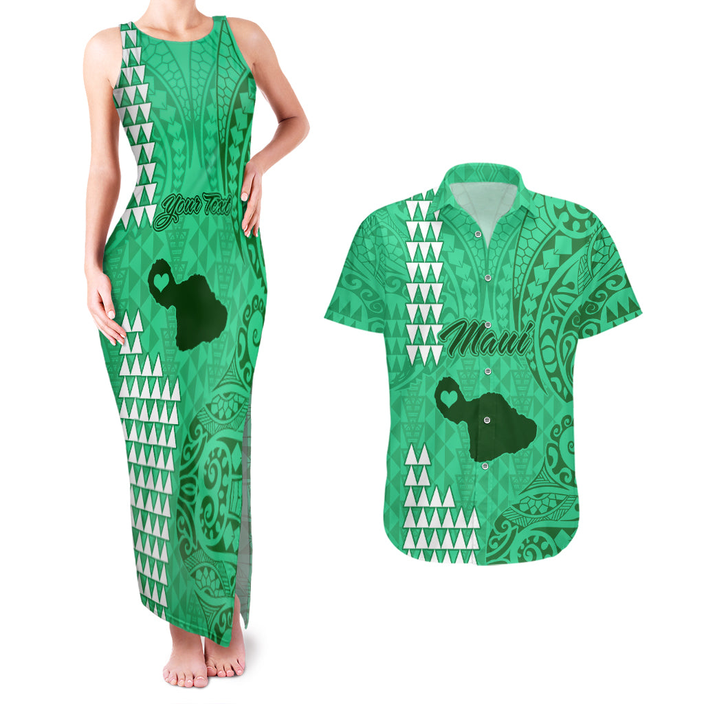 Personalised Maui Island Couples Matching Tank Maxi Dress and Hawaiian Shirt Kakau Tribal Mixed Polynesian Pattern Green LT9 Green - Polynesian Pride