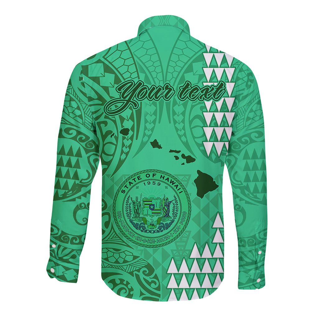 Personalised Maui Island Long Sleeve Button Shirt Kakau Tribal Mixed Polynesian Pattern Green LT9 - Polynesian Pride