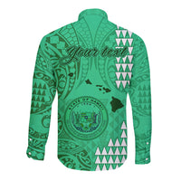 Personalised Maui Island Long Sleeve Button Shirt Kakau Tribal Mixed Polynesian Pattern Green LT9 - Polynesian Pride
