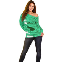 Personalised Maui Island Off Shoulder Sweater Kakau Tribal Mixed Polynesian Pattern Green LT9 - Polynesian Pride