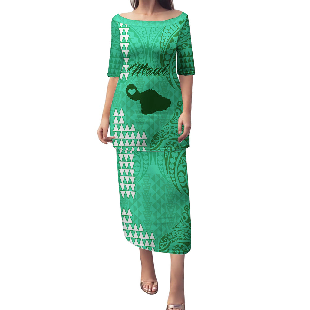 Personalised Maui Island Puletasi Kakau Tribal Mixed Polynesian Pattern Green LT9 Long Dress Green - Polynesian Pride