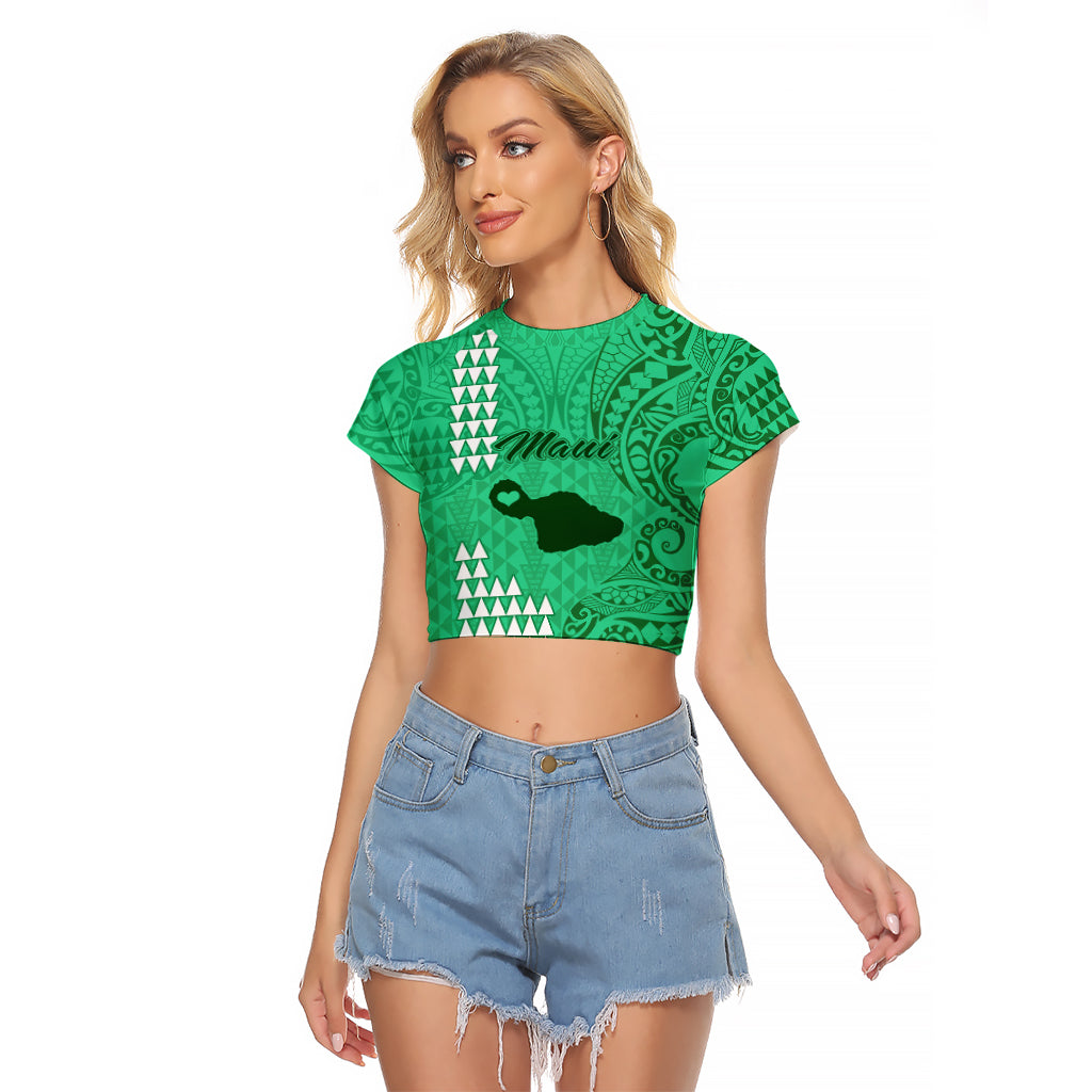 Personalised Maui Island Raglan Cropped T Shirt Kakau Tribal Mixed Polynesian Pattern Green LT9 Female Green - Polynesian Pride