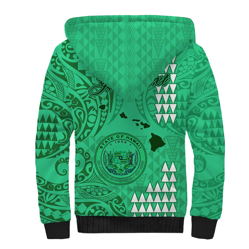 Personalised Maui Island Sherpa Hoodie Kakau Tribal Mixed Polynesian Pattern Green LT9 - Polynesian Pride