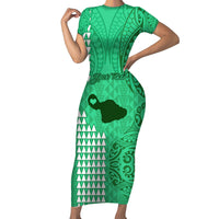 Personalised Maui Island Short Sleeve Bodycon Dress Kakau Tribal Mixed Polynesian Pattern Green LT9 Long Dress Green - Polynesian Pride