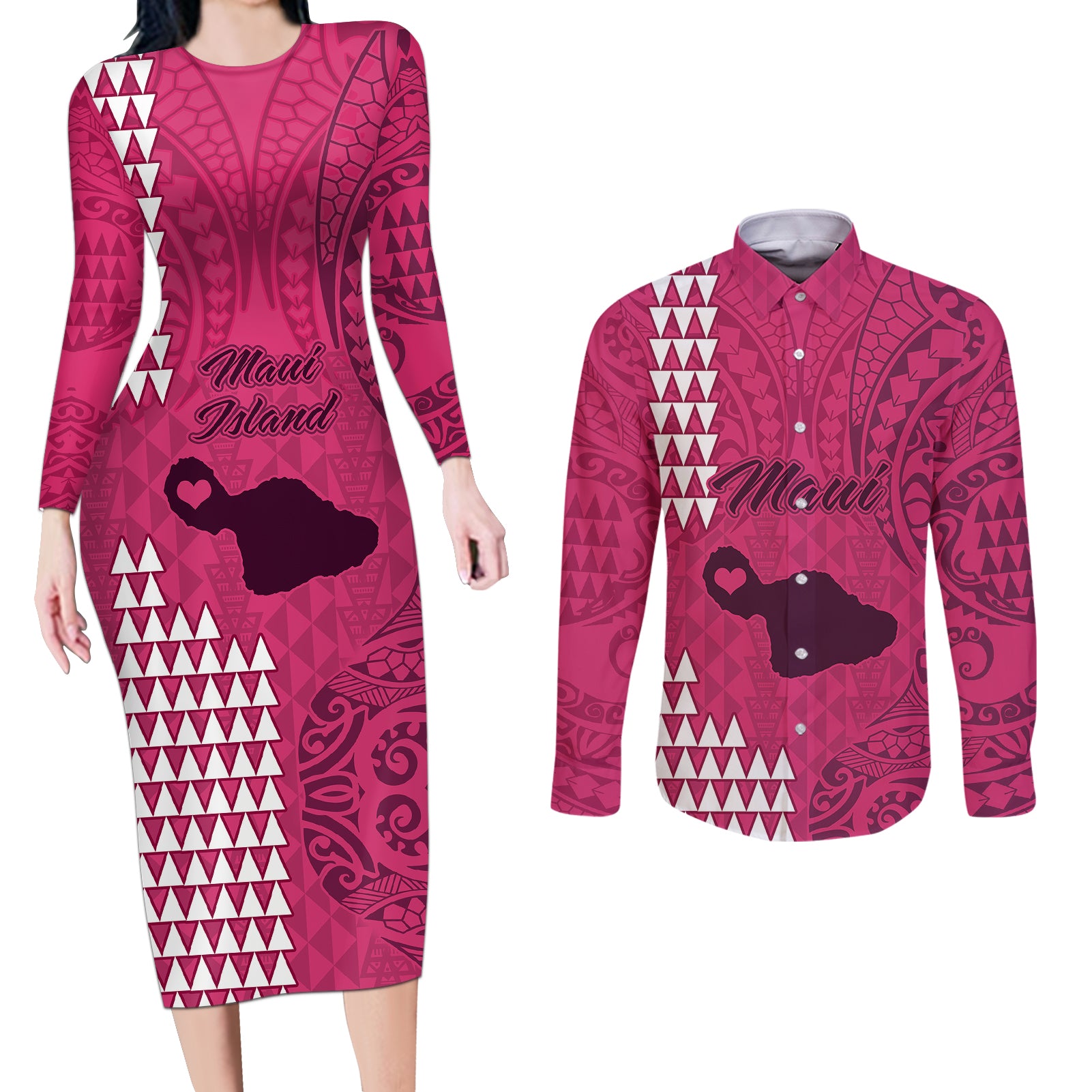 Maui Island Couples Matching Long Sleeve Bodycon Dress and Long Sleeve Button Shirts Kakau Tribal Mixed Polynesian Pattern Pink LT9 Pink - Polynesian Pride