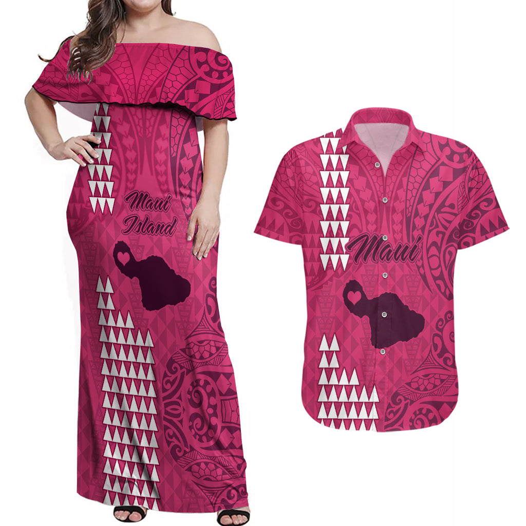 Maui Island Couples Matching Off Shoulder Maxi Dress and Hawaiian Shirt Kakau Tribal Mixed Polynesian Pattern Pink LT9 Pink - Polynesian Pride