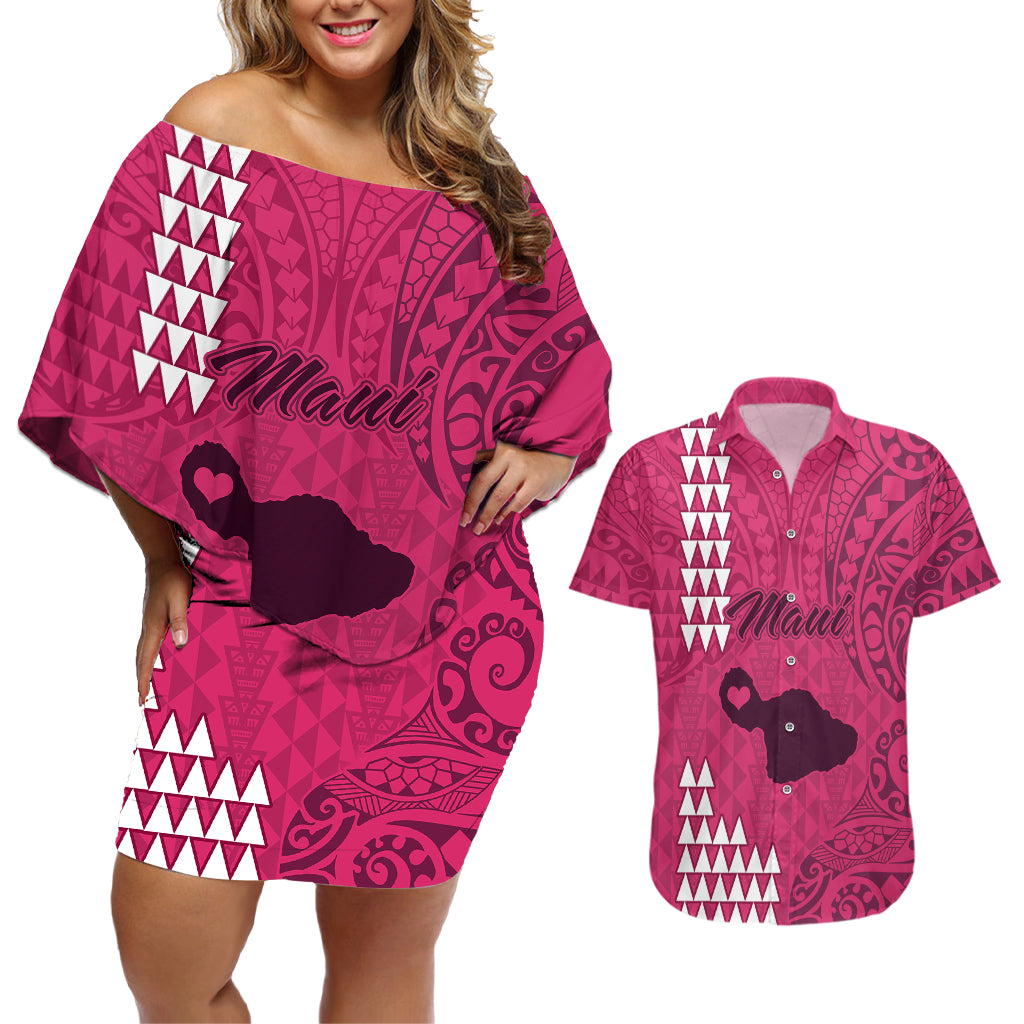 Maui Island Couples Matching Off Shoulder Short Dress and Hawaiian Shirt Kakau Tribal Mixed Polynesian Pattern Pink LT9 Pink - Polynesian Pride