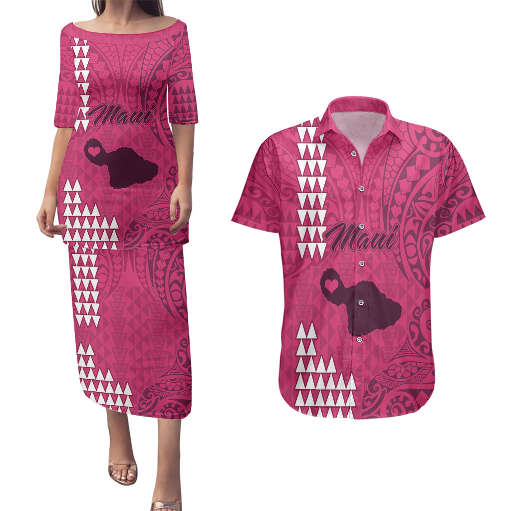 Maui Island Couples Matching Puletasi Dress and Hawaiian Shirt Kakau Tribal Mixed Polynesian Pattern Pink LT9 Pink - Polynesian Pride