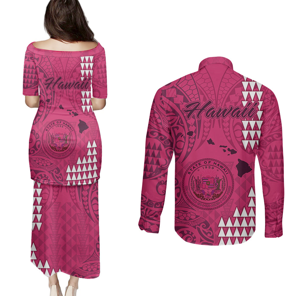 Maui Island Couples Matching Puletasi Dress and Long Sleeve Button Shirts Kakau Tribal Mixed Polynesian Pattern Pink LT9 - Polynesian Pride