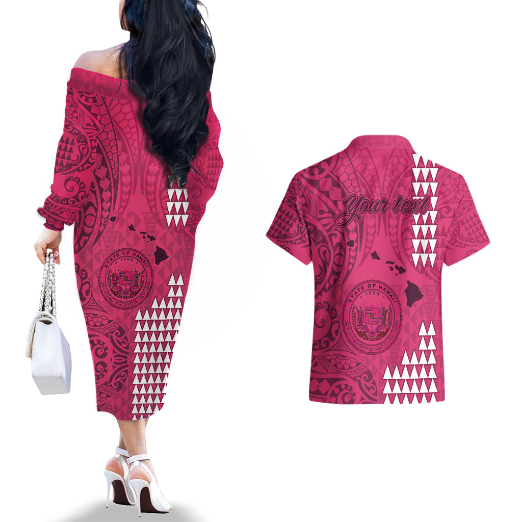Personalised Maui Island Couples Matching Off The Shoulder Long Sleeve Dress and Hawaiian Shirt Kakau Tribal Mixed Polynesian Pattern Pink LT9 - Polynesian Pride