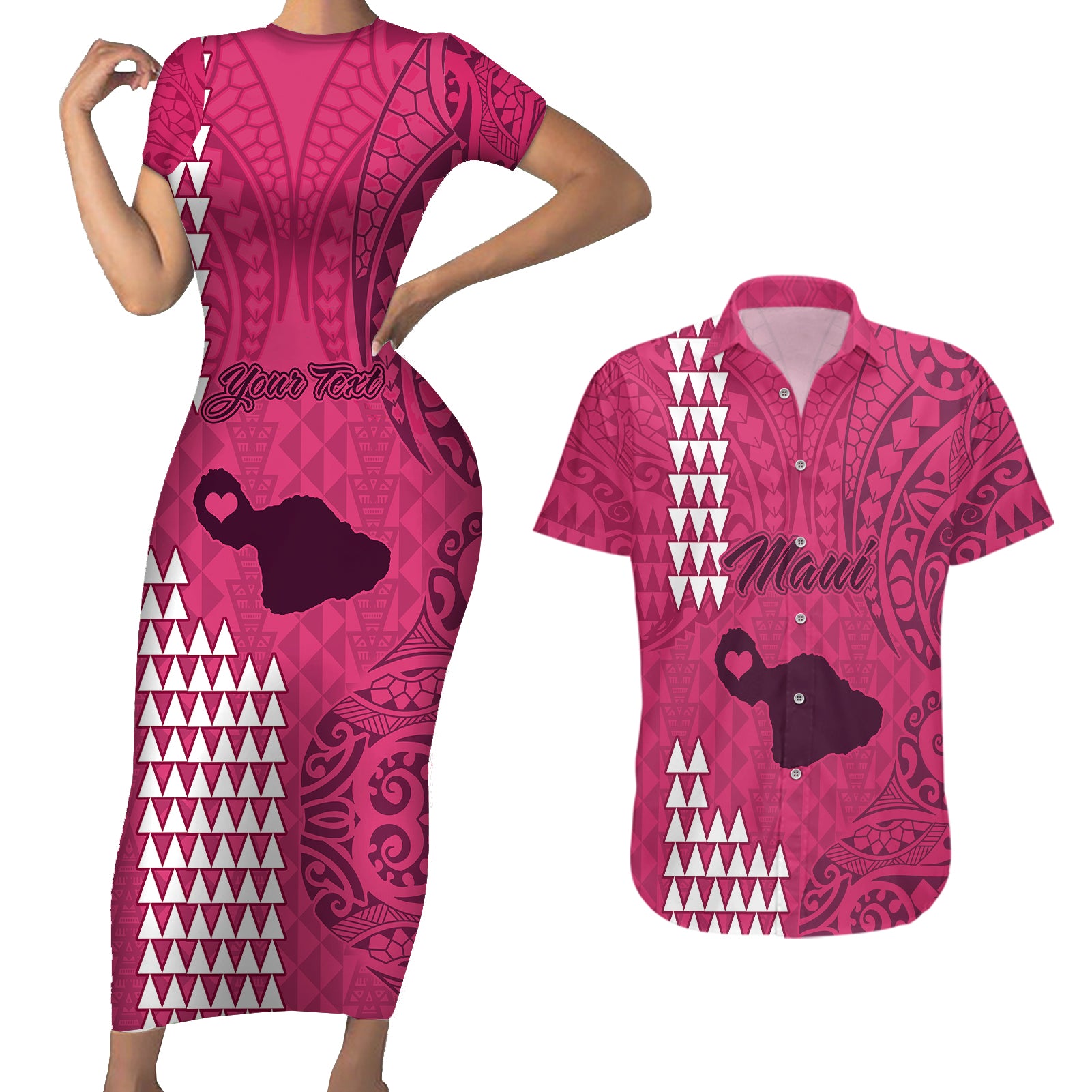 Personalised Maui Island Couples Matching Short Sleeve Bodycon Dress and Hawaiian Shirt Kakau Tribal Mixed Polynesian Pattern Pink LT9 Pink - Polynesian Pride