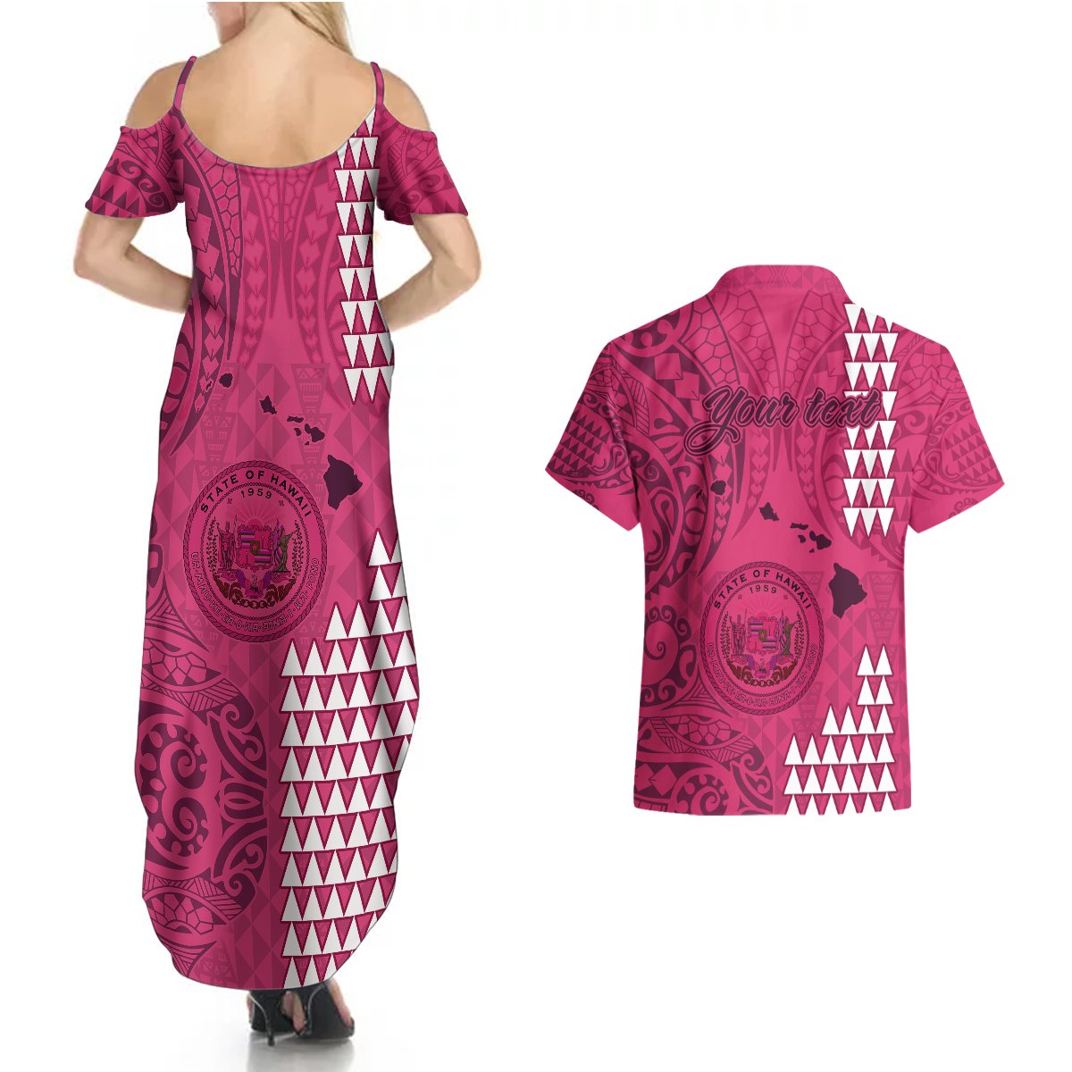 Personalised Maui Island Couples Matching Summer Maxi Dress and Hawaiian Shirt Kakau Tribal Mixed Polynesian Pattern Pink LT9 - Polynesian Pride