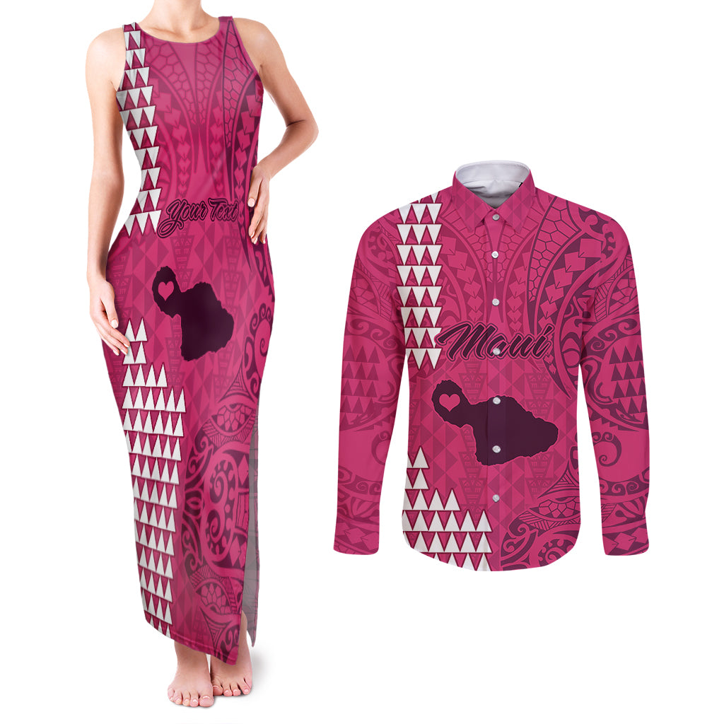 Personalised Maui Island Couples Matching Tank Maxi Dress and Long Sleeve Button Shirts Kakau Tribal Mixed Polynesian Pattern Pink LT9 Pink - Polynesian Pride