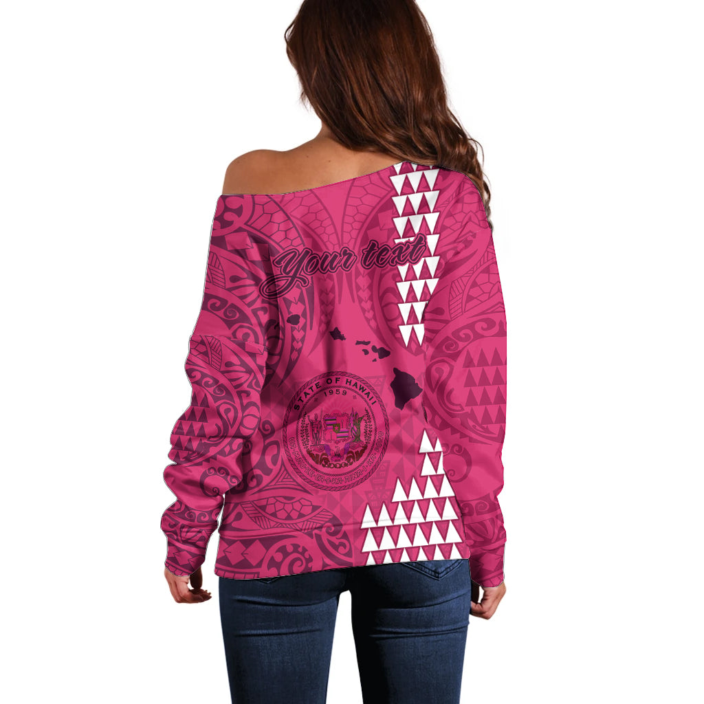 Personalised Maui Island Off Shoulder Sweater Kakau Tribal Mixed Polynesian Pattern Pink LT9 - Polynesian Pride