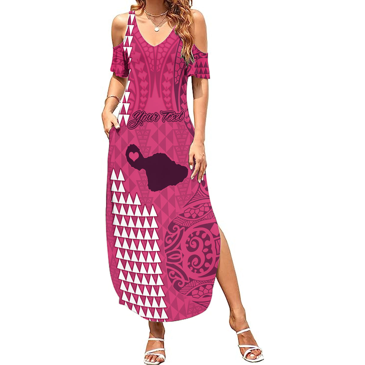 Personalised Maui Island Summer Maxi Dress Kakau Tribal Mixed Polynesian Pattern Pink LT9 Women Pink - Polynesian Pride
