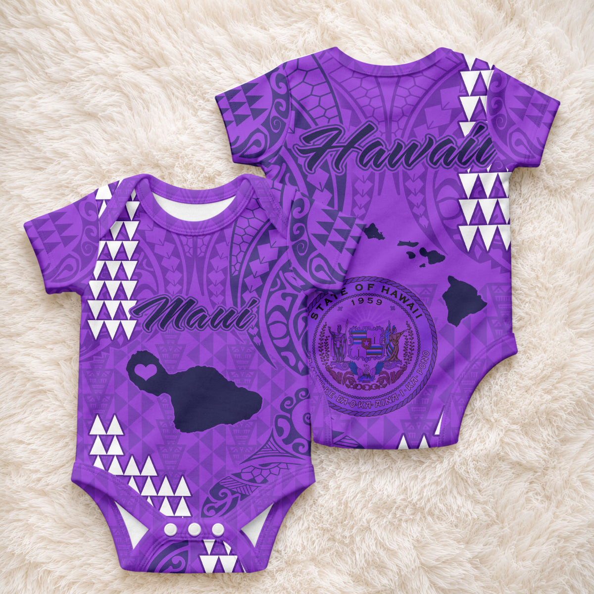 Maui Island Baby Onesie Kakau Tribal Mixed Polynesian Pattern Purple LT9 - Polynesian Pride